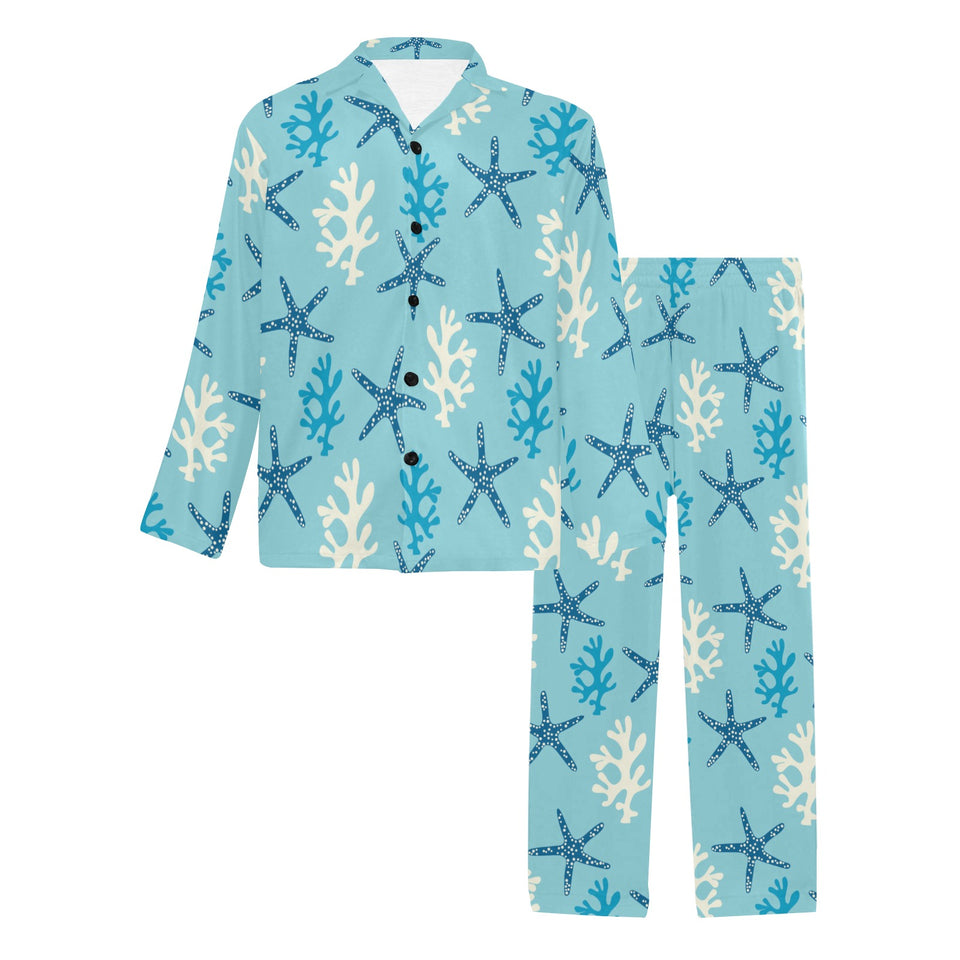 Blue starfish coral reef pattern Men's Long Pajama Set