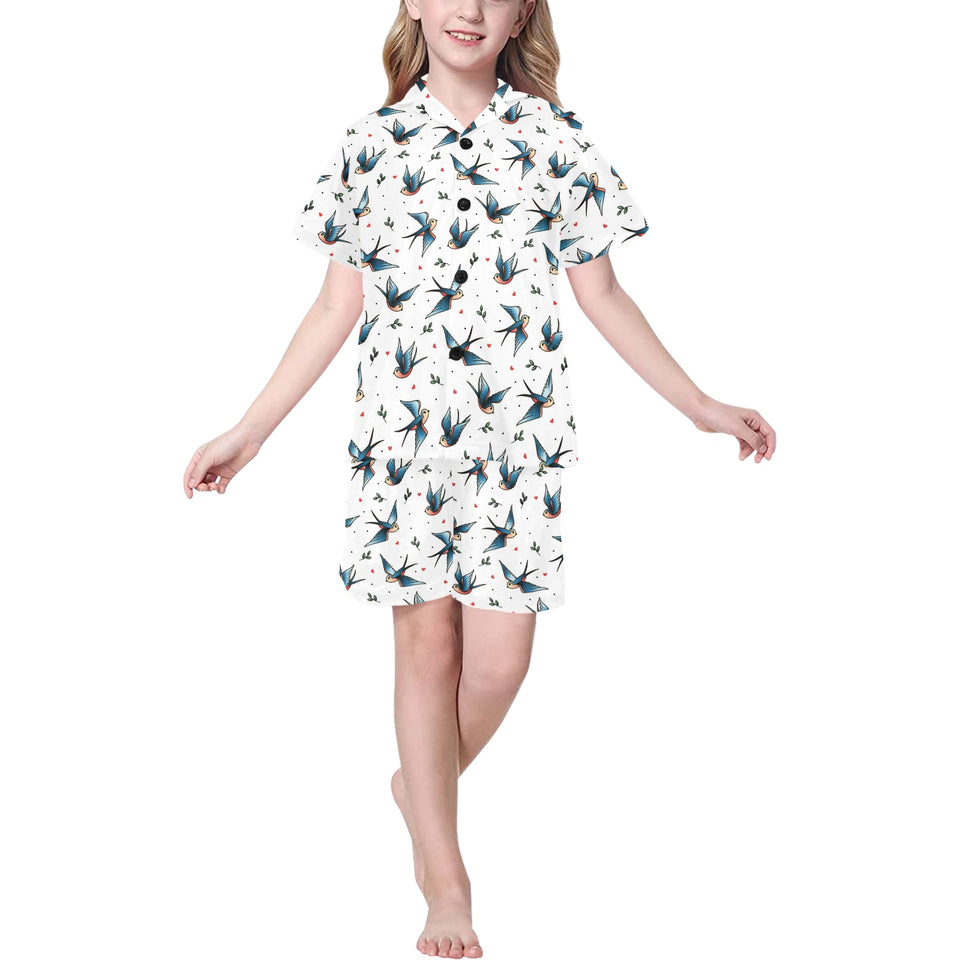 Swallow Pattern Print Design 04 Kids' Boys' Girls' V-Neck Short Pajama Set