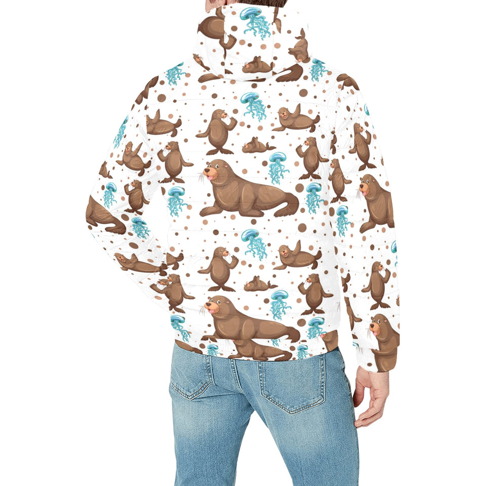 sea lion Seals jellyfish pattern Men's Padded Hooded Jacket