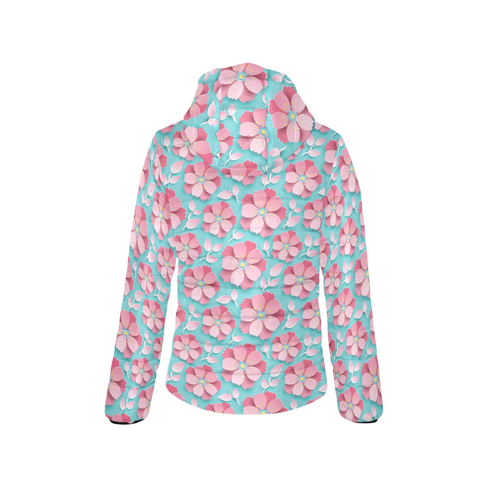 3D sakura cherry blossom pattern Women's Padded Hooded Jacket