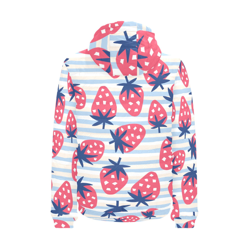 Strawberry pattern blue lines background Men's Padded Hooded Jacket