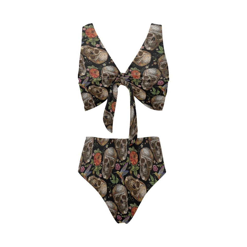 Skull rose humming bird flower pattern Chest Bowknot High Waisted Bikini Swimsuit