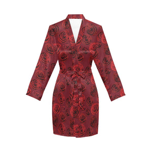 Rose Pattern Print Design 03 Women's Long Sleeve Belted Night Robe