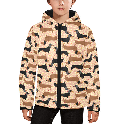 Dachshund floral background Kids' Boys' Girls' Padded Hooded Jacket