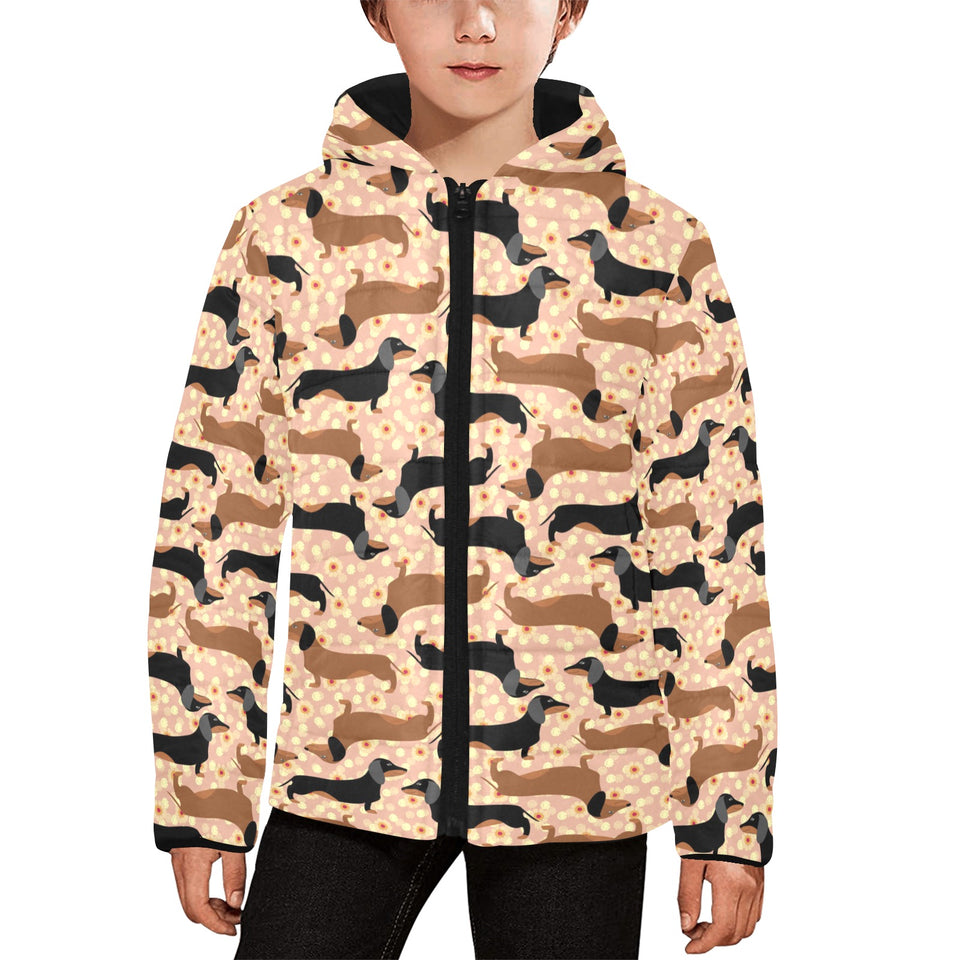 Dachshund floral background Kids' Boys' Girls' Padded Hooded Jacket