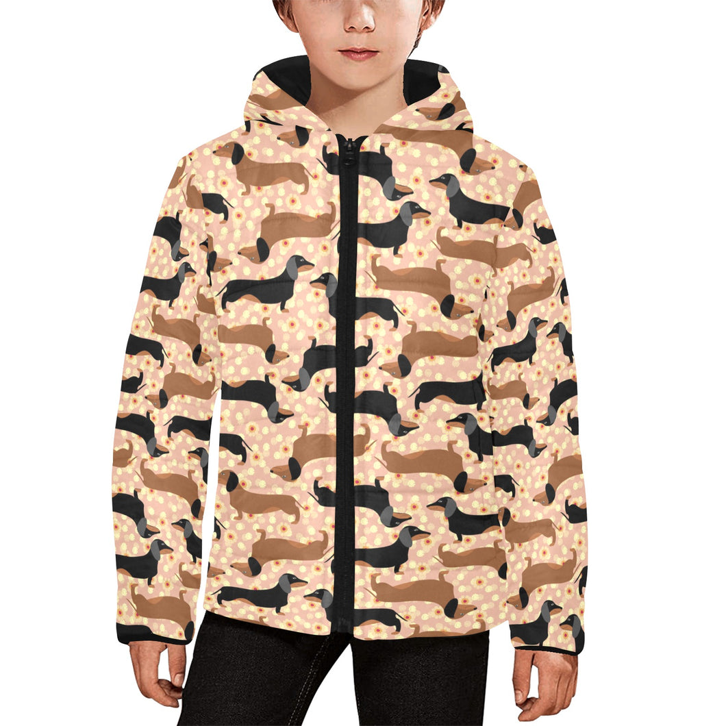 Dachshund floral background Kids' Boys' Girls' Padded Hooded Jacket
