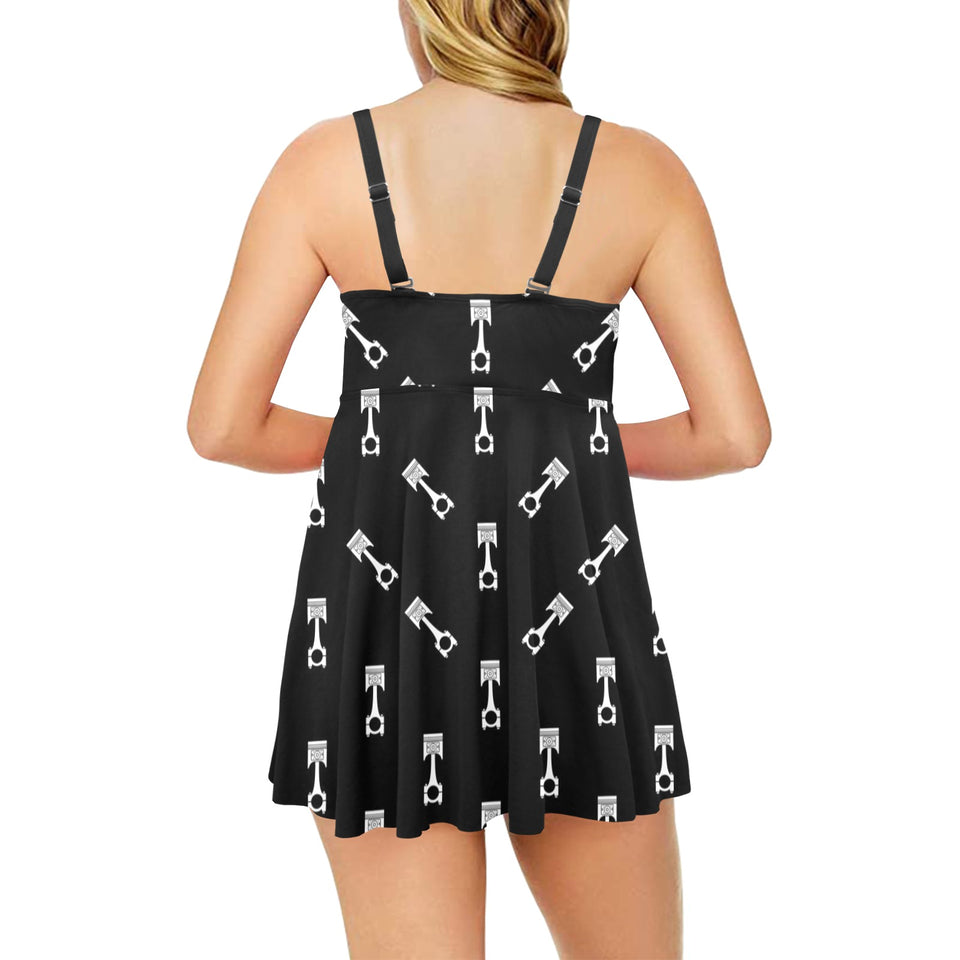 Engine Piston Black Theme Pattern Print Design 03 Chest Sexy Pleated Two Piece Swim Dress