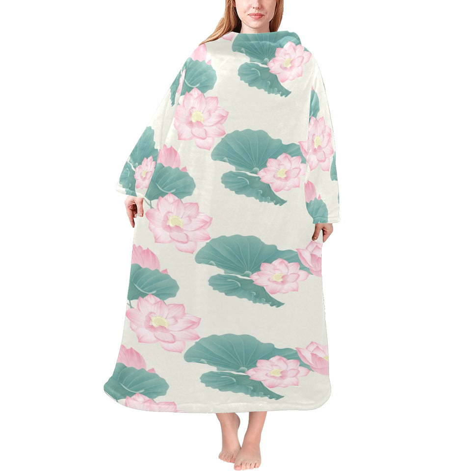 Pink lotus waterlily leaves pattern Blanket Robe with Sleeves