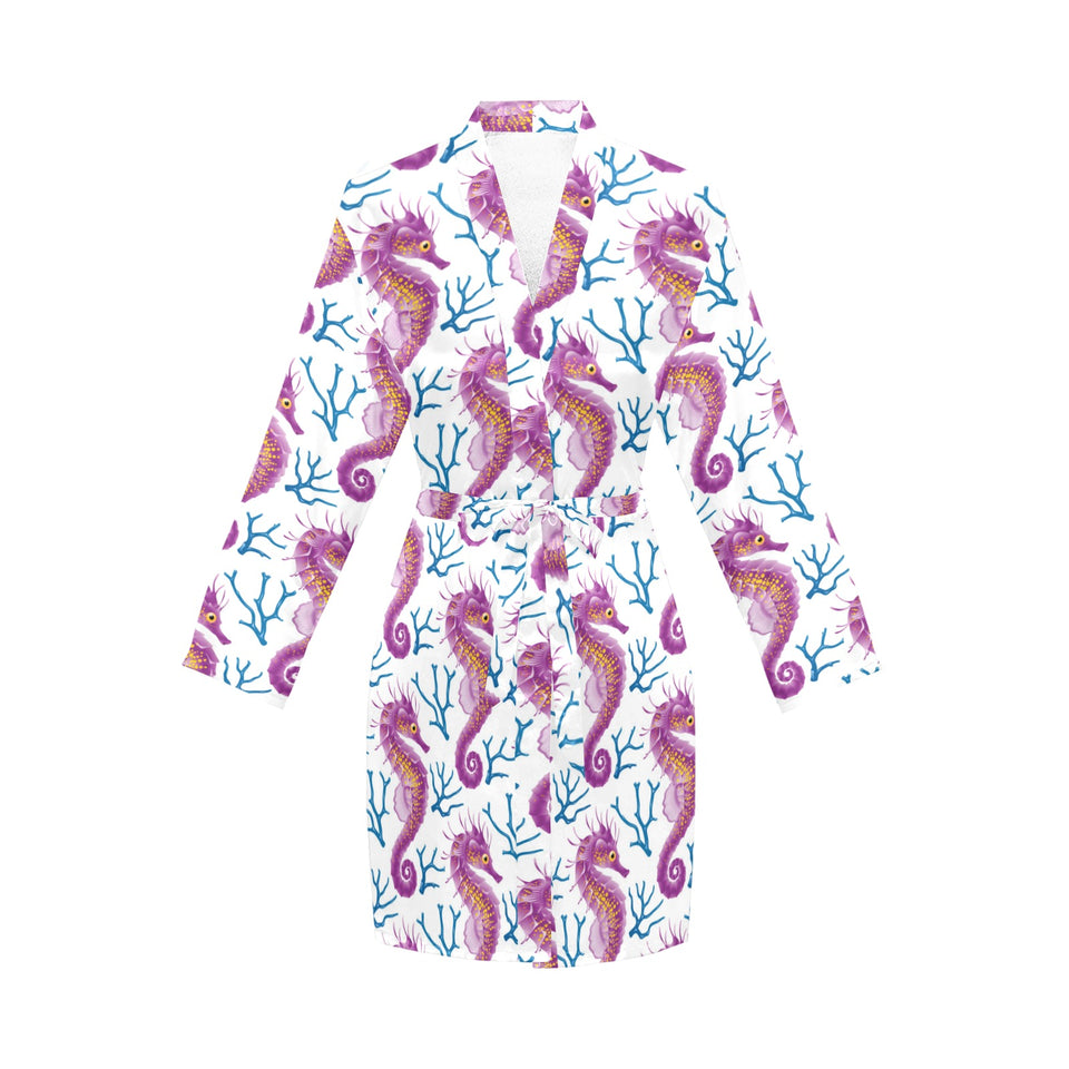 Purple seahorse blue coral pattern Women's Long Sleeve Belted Night Robe