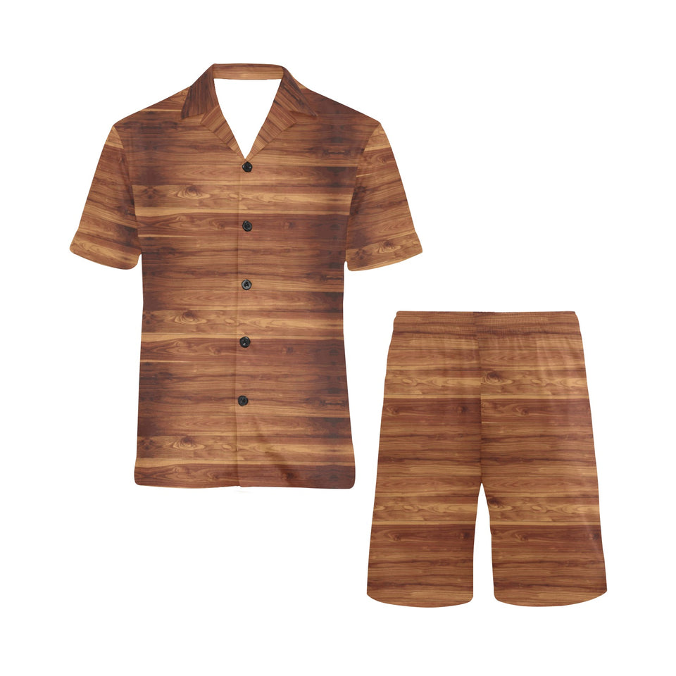 Wood Printed Pattern Print Design 04 Men's V-Neck Short Pajama Set
