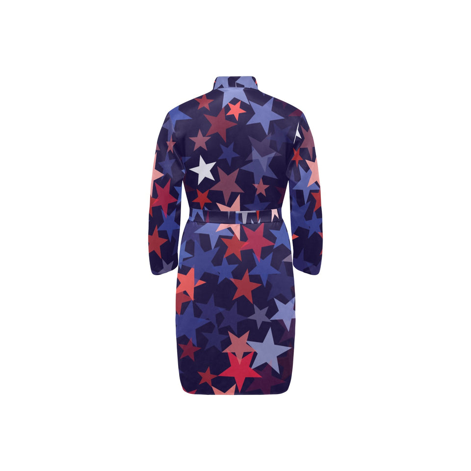 Red blue star pattern Men's Long Sleeve Belted Night Robe