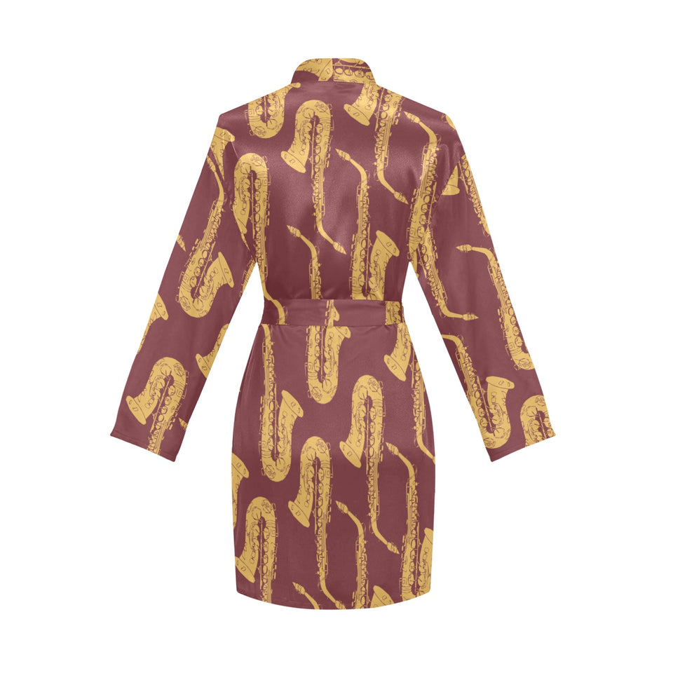 Hand drawn gold saxophone red background Women's Long Sleeve Belted Night Robe