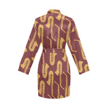 Hand drawn gold saxophone red background Women's Long Sleeve Belted Night Robe