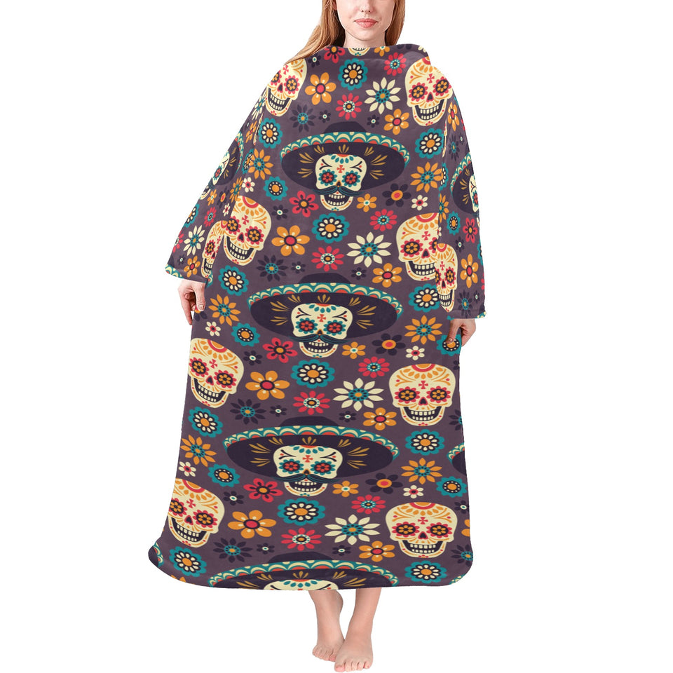 Sugar skulls flower maxican pattern Blanket Robe with Sleeves
