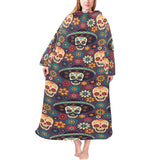 Sugar skulls flower maxican pattern Blanket Robe with Sleeves