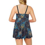 Beautiful peacock feather pattern Chest Sexy Pleated Two Piece Swim Dress