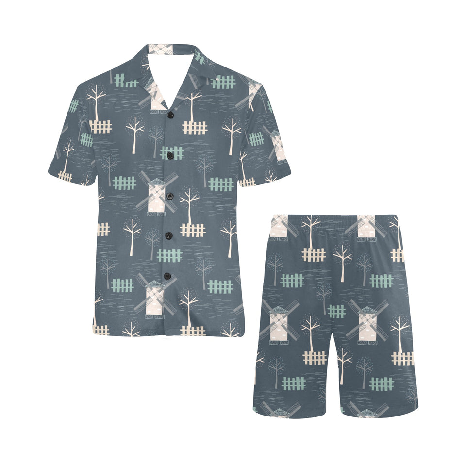 windmill tree pattern Men's V-Neck Short Pajama Set