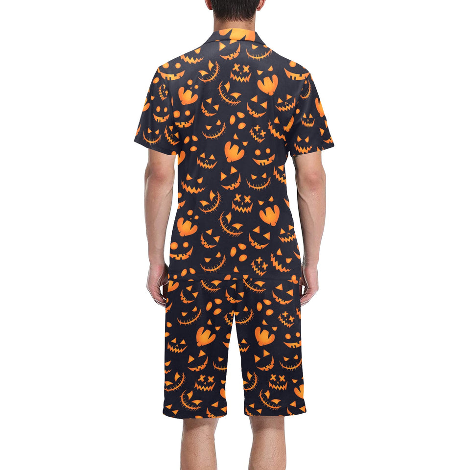 Halloween pattern Pumpkin background Men's V-Neck Short Pajama Set