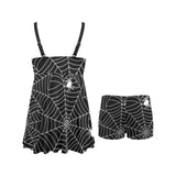 Spider web design pattern Black background white c Chest Sexy Pleated Two Piece Swim Dress