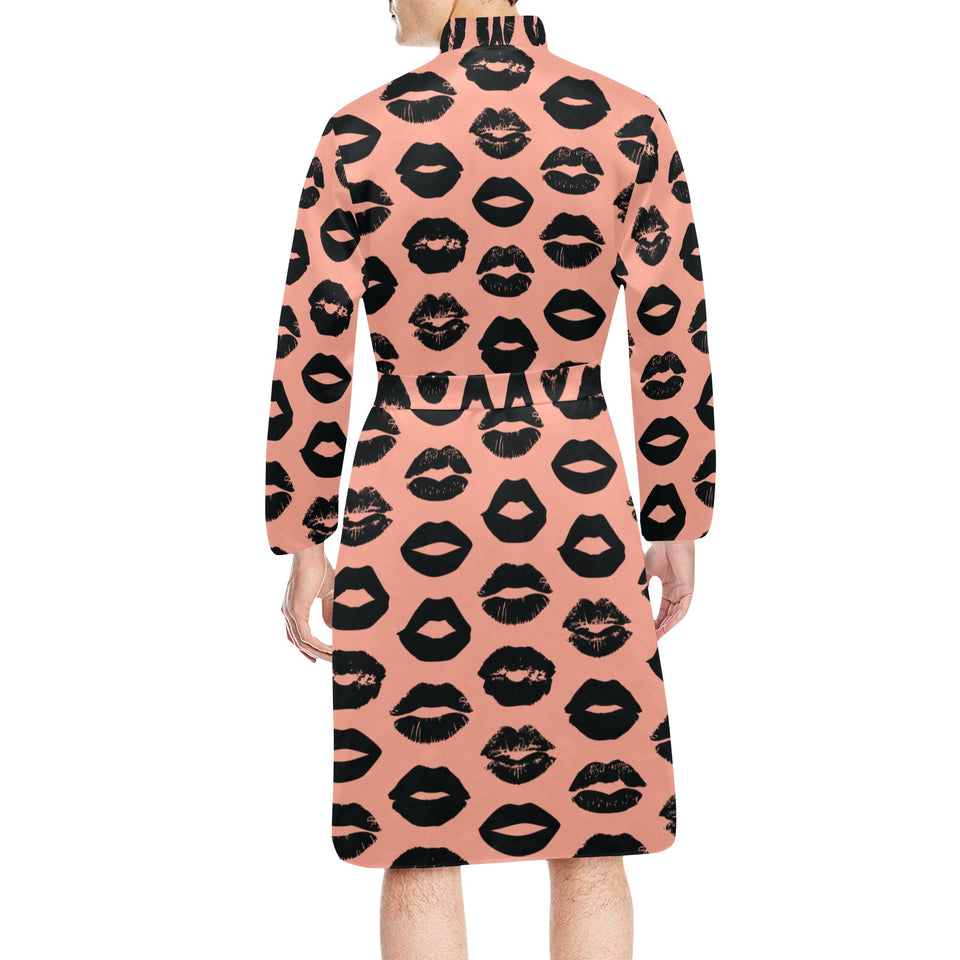 Lips Pattern Print Design 02 Men's Long Sleeve Belted Night Robe