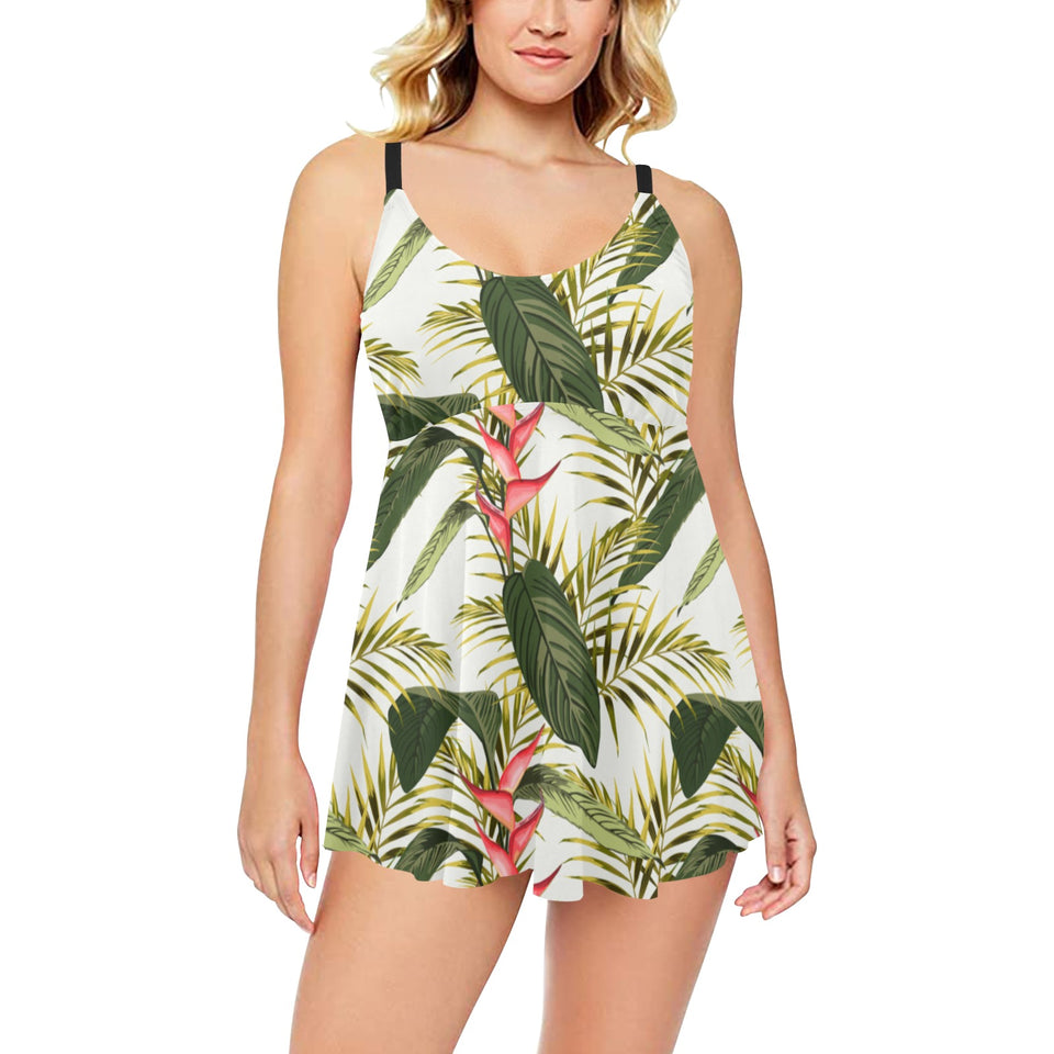 heliconia pattern Chest Sexy Pleated Two Piece Swim Dress