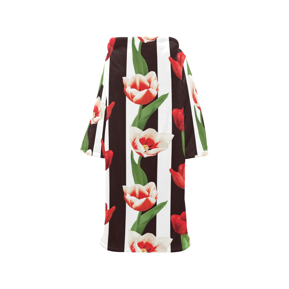 red and white tulips pattern Blanket Robe with Sleeves