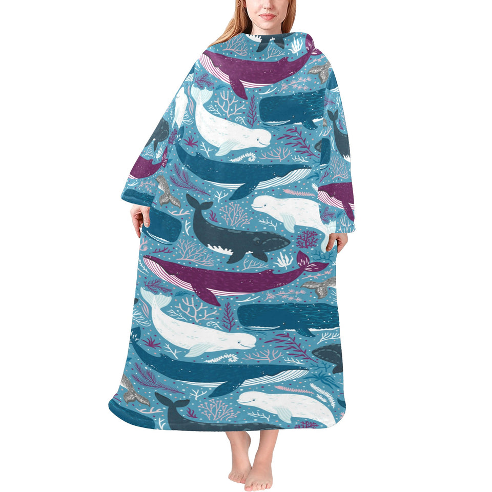 Whale design pattern Blanket Robe with Sleeves