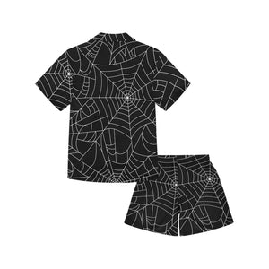 Spider web pattern Black background white cobweb Kids' Boys' Girls' V-Neck Short Pajama Set