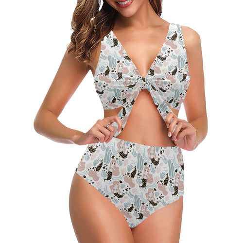 cute mermaid pattern Chest Bowknot High Waisted Bikini Swimsuit