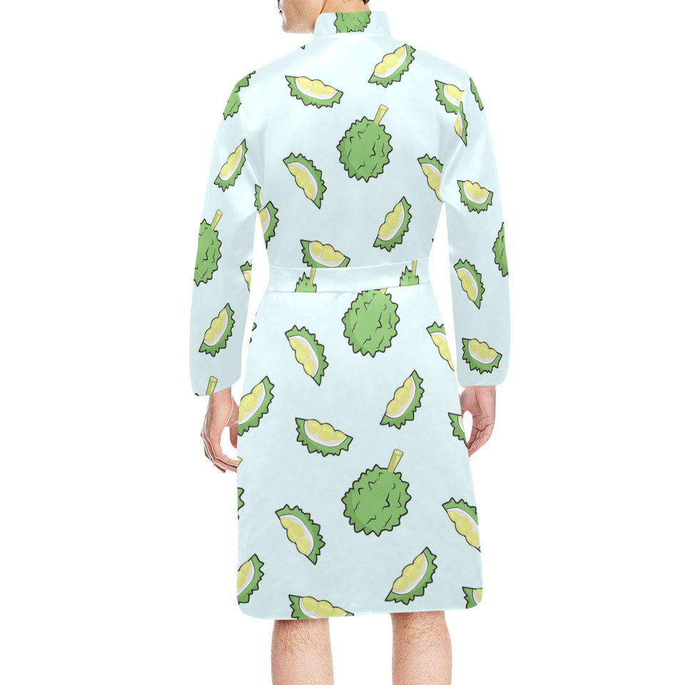Durian pattern blue background Men's Long Sleeve Belted Night Robe