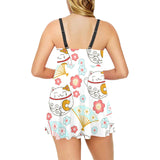 Maneki neko cat fan sakura Chest Sexy Pleated Two Piece Swim Dress