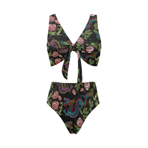Dragons flower pattern Chest Bowknot High Waisted Bikini Swimsuit