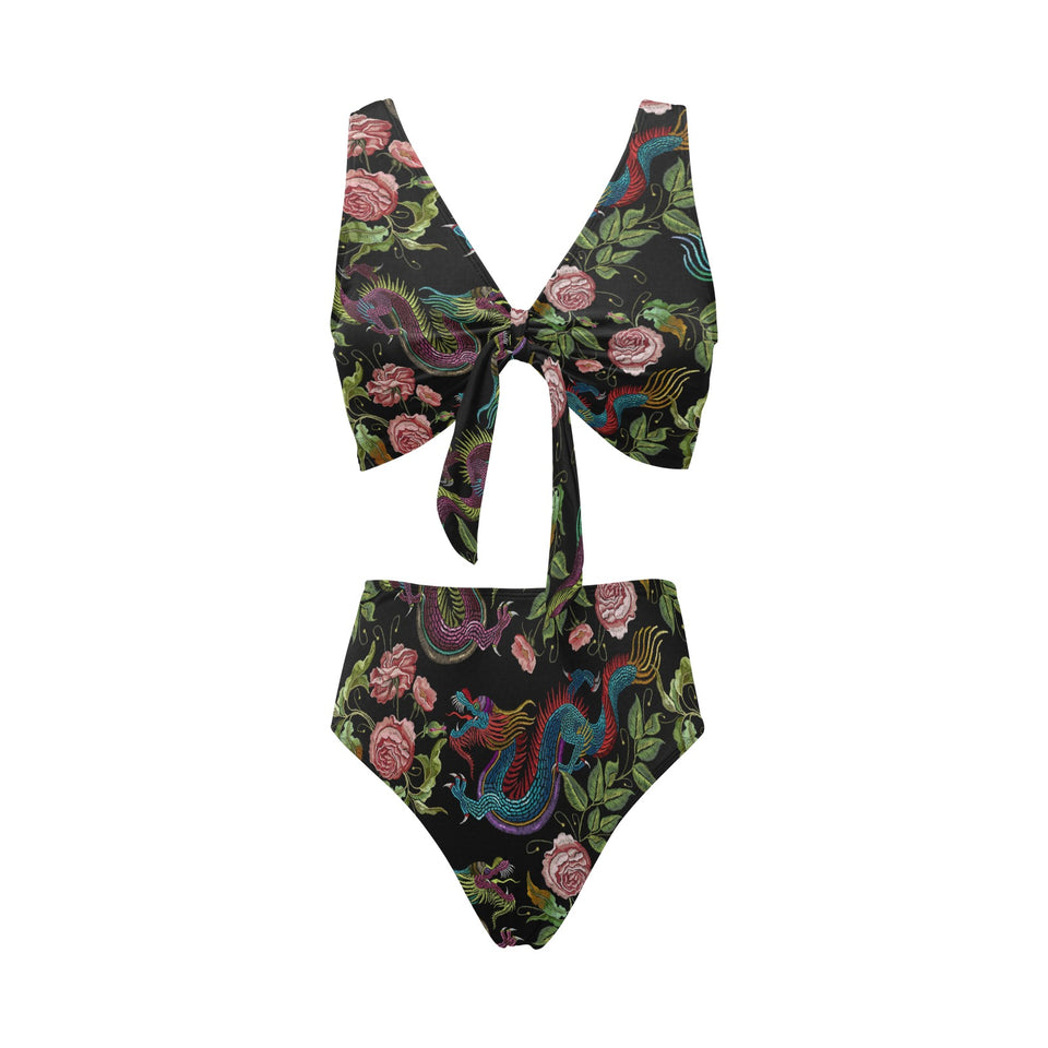 Dragons flower pattern Chest Bowknot High Waisted Bikini Swimsuit