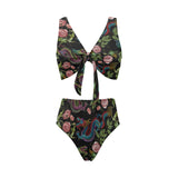 Dragons flower pattern Chest Bowknot High Waisted Bikini Swimsuit
