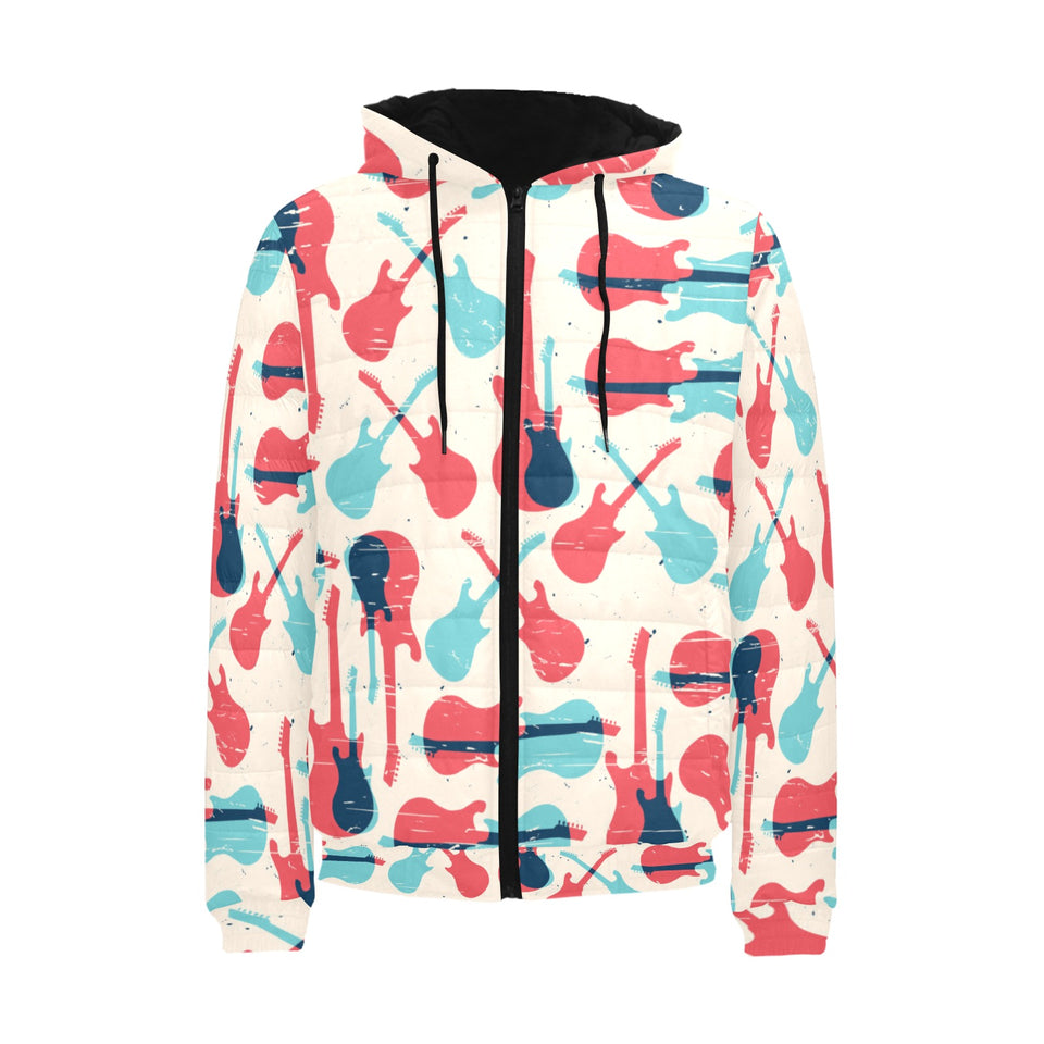 Red Blue guitar pattern Men's Padded Hooded Jacket