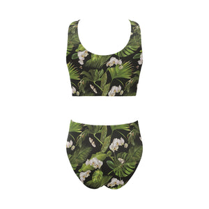 White orchid flower tropical leaves pattern blackg Chest Bowknot High Waisted Bikini Swimsuit