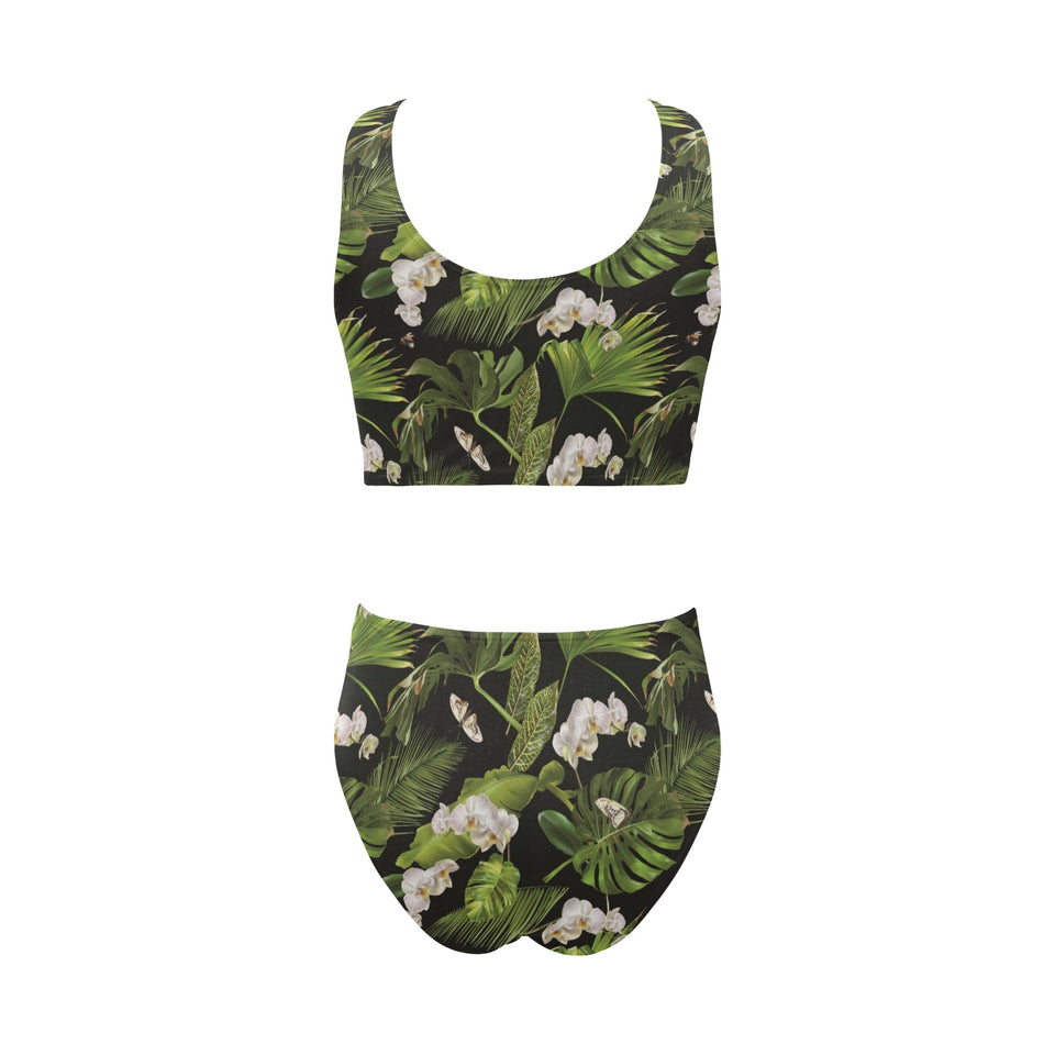 White orchid flower tropical leaves pattern blackg Chest Bowknot High Waisted Bikini Swimsuit