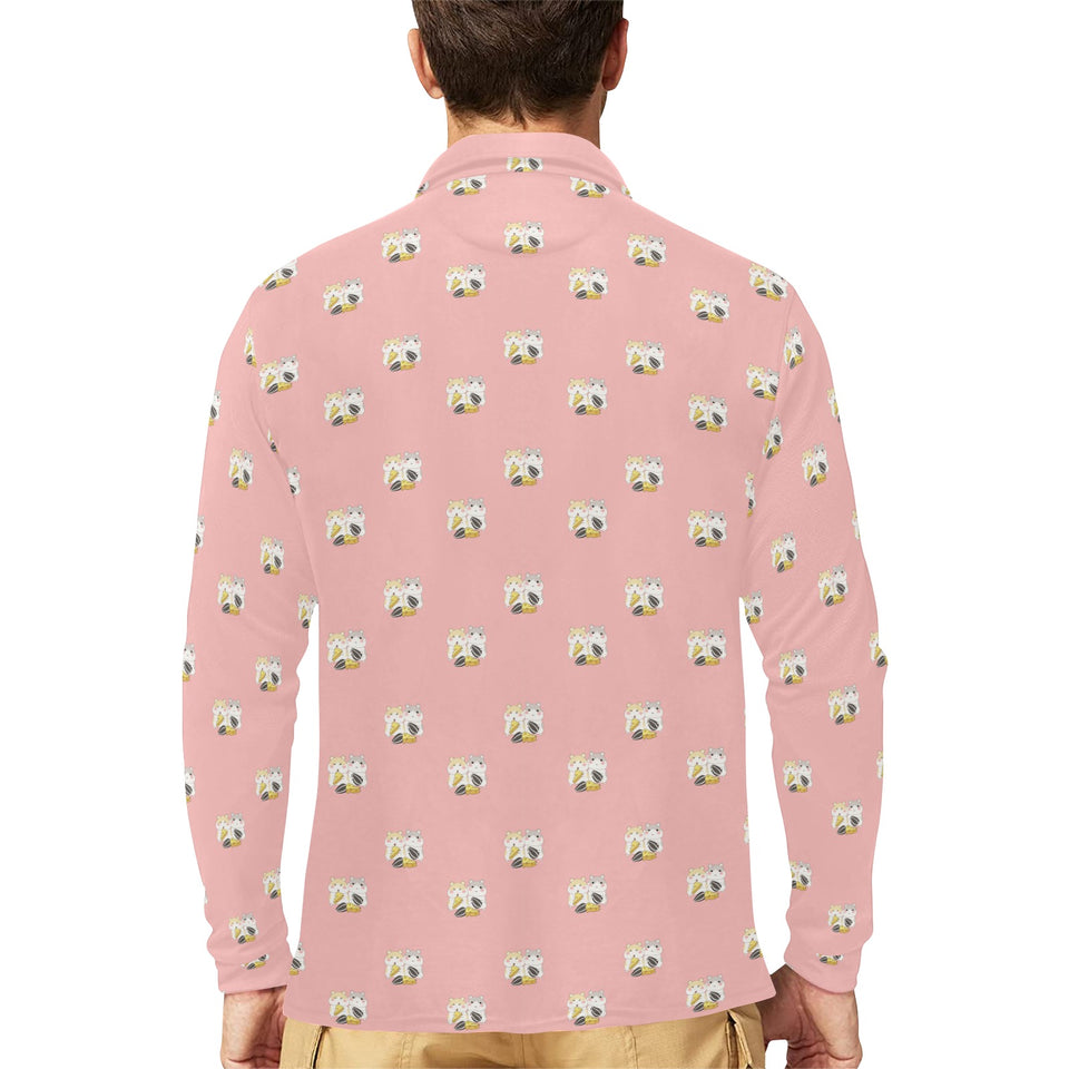 Cute hamster cheese pattern pink background Men's Long Sleeve Polo Shirt