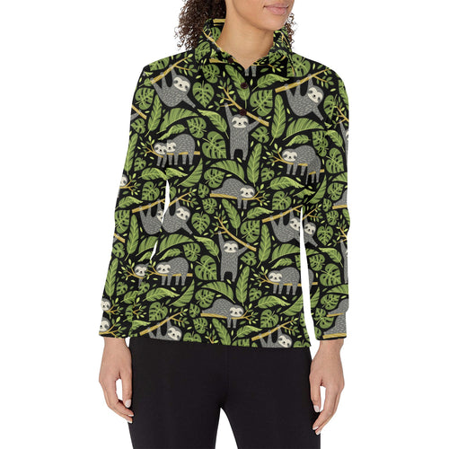 Cute sloths tropical palm leaves black background Women's Long Sleeve Polo Shirt