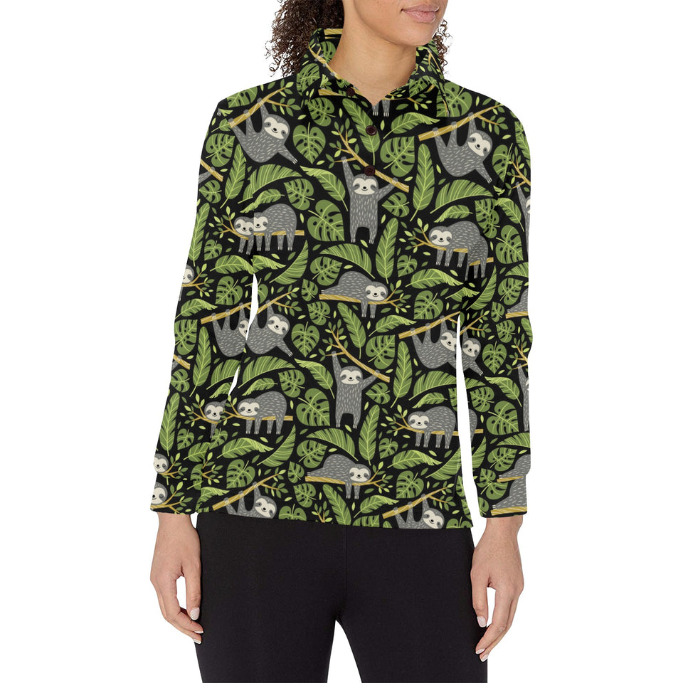 Cute sloths tropical palm leaves black background Women's Long Sleeve Polo Shirt