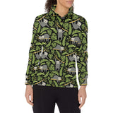Cute sloths tropical palm leaves black background Women's Long Sleeve Polo Shirt