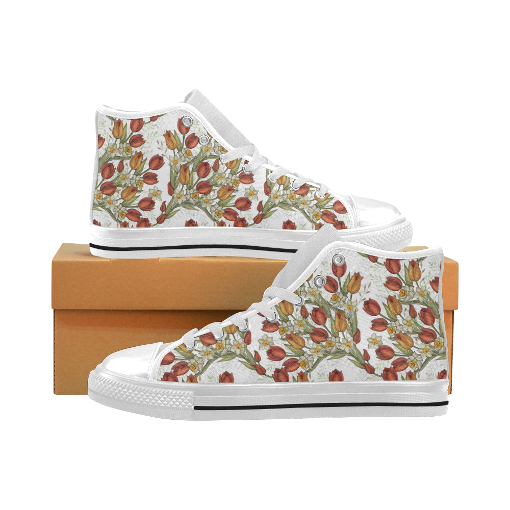 Red tulips and daffodils pattern Men's High Top Canvas Shoes White