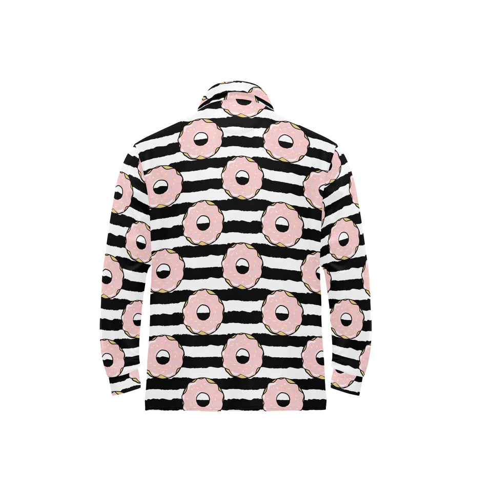 Donuts pink icing striped pattern Men's Long Sleeve Polo Shirt