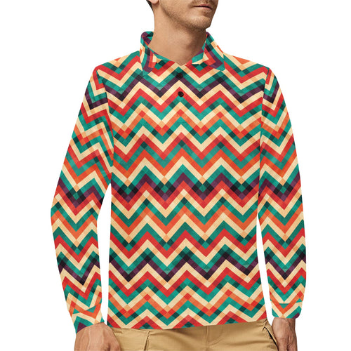 zigzag chevron colorful pattern Men's Long Sleeve Polo Shirt