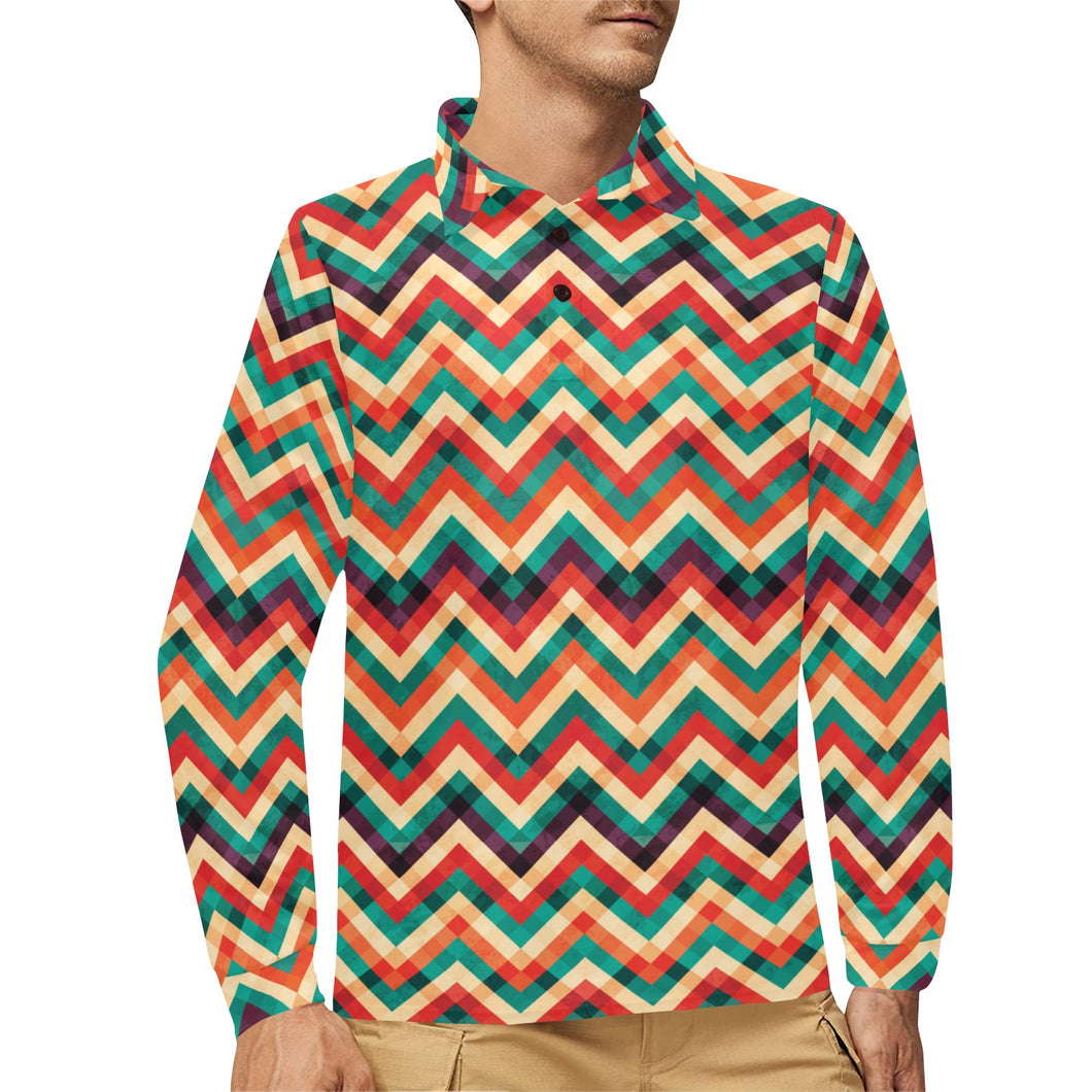zigzag chevron colorful pattern Men's Long Sleeve Polo Shirt