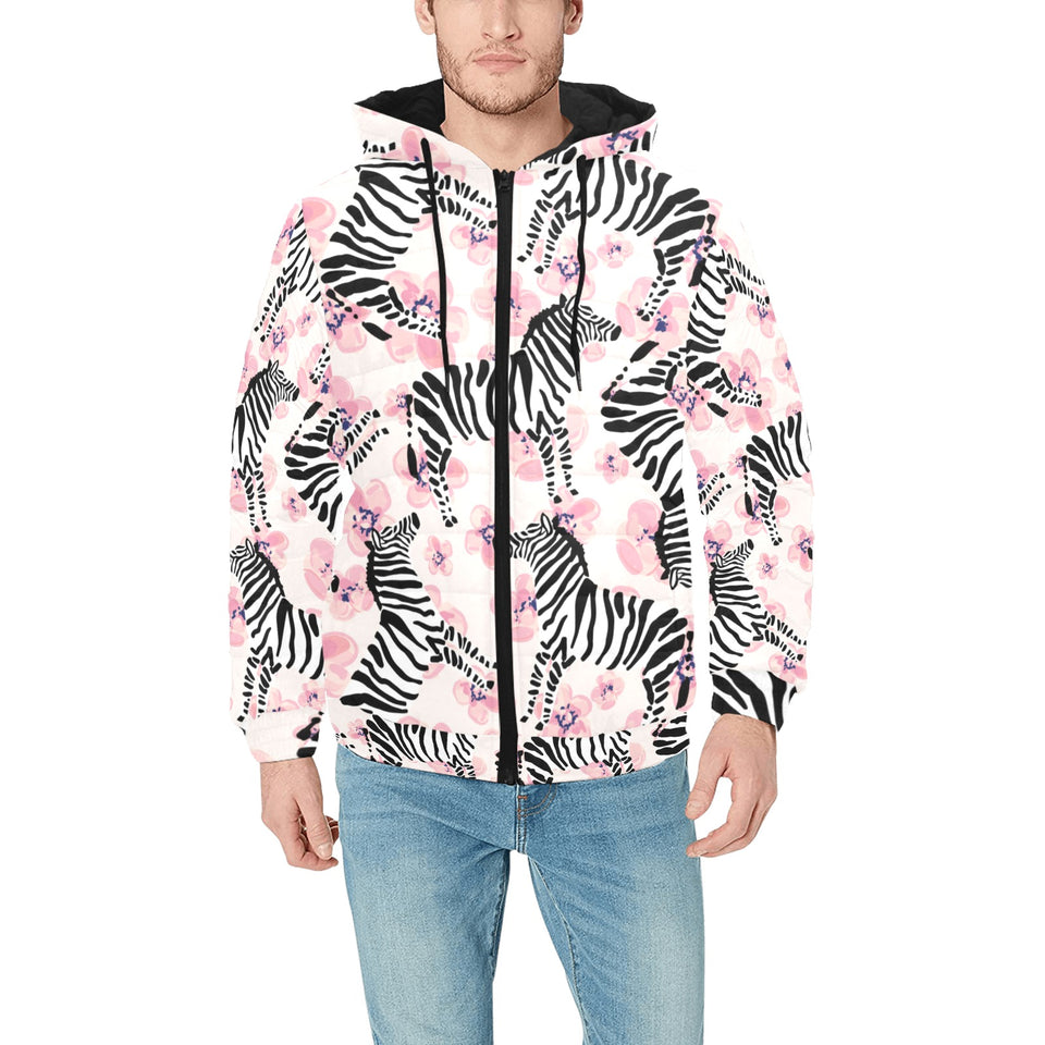 Zebra pink flower background Men's Padded Hooded Jacket