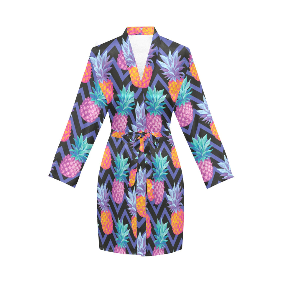 Pineapples pattern zigzag background Women's Long Sleeve Belted Night Robe