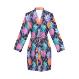 Pineapples pattern zigzag background Women's Long Sleeve Belted Night Robe