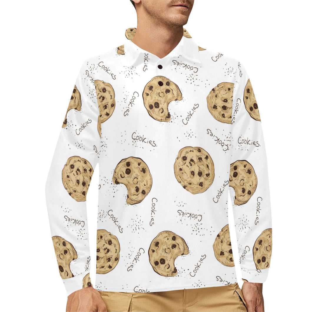Sketch style cookie pattern Men's Long Sleeve Polo Shirt