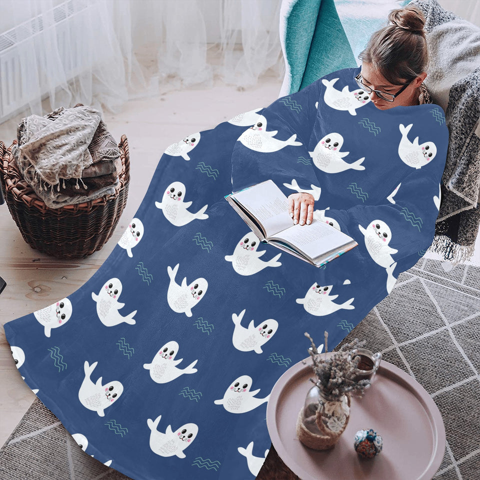 Cute white baby sea lion seal pattern Blanket Robe with Sleeves